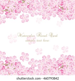 Delicate Pink flowers card. Watercolor flowers illustration. Vintage Elegant Card illustration for Women's day, birthday, Wedding, Ceremony, Anniversary