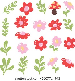 Delicate pink flowers and lush green leaves, accompanied by an adorable mushroom illustration.