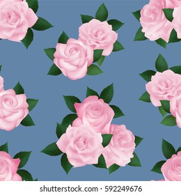 Delicate pink flowers on a blue background. Seamless pattern with roses. Vector illustration.