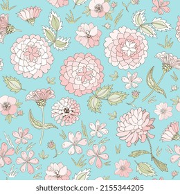 Delicate pink flowers on a light bluish green background in vector. Seamless natural romantic print for fabric, wallpaper. Beautiful summer ornament.