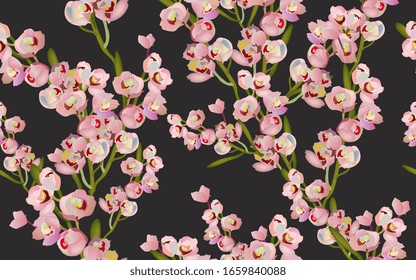 Delicate pink flowers on a tree branch, petals and inflorescences on a dark grey, black background seamless pattern. Vector illustration with plants.