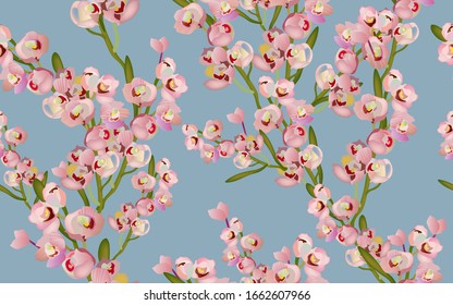 Delicate pink flowers on a tree branch, petals and inflorescences on a light blue background seamless pattern. Vector illustration with plants.