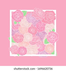 Delicate pink flowers in a square frame. Colorful vector illustration.