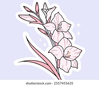 Delicate pink gladiolus flowers, hand-drawn in a charming line art style. Perfect for adding a touch of elegance and whimsy to invitations, cards, or any design needing a floral touch.