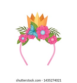 Delicate pink hair band with a golden crown. Vector illustration on white background.