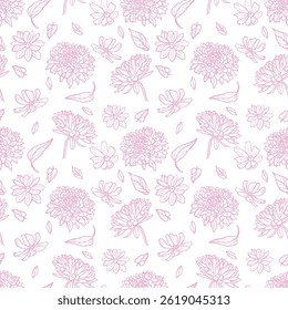 Delicate pink hand drawn pattern with asters