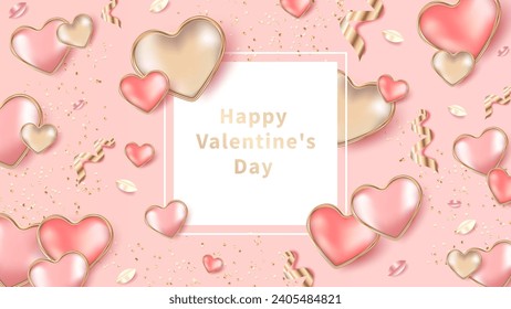 Delicate pink Happy Valentine's Day card with hearts, gold sparkles and confetti. The 14th of February.