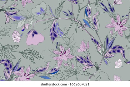 Delicate pink lilac floral ornament of branches, leaves and inflorescences on a grey background. Seamless pattern. Vector hand-drawn illustration.
