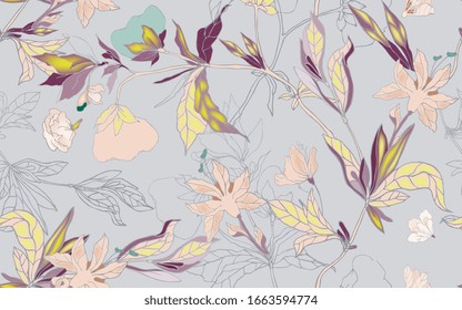 Delicate pink, lilac floral ornament of branches, leaves and inflorescences on a light grey background. Seamless pattern. Vector hand-drawn illustration.
