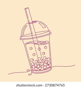A delicate pink line drawing depicts a cup of bubble tea with visible tapioca pearls.