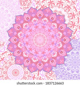 Delicate pink mandala with hearts, on a background of a pattern of mandalas. Vector coloured circular loving Mandala. 