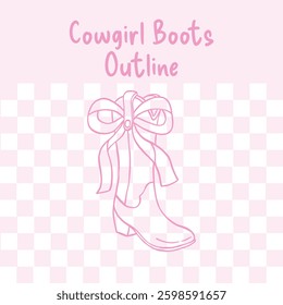 A delicate pink outline of a cowgirl boot adorned with a large bow, set against a soft pastel pink and white checkered background. Feminine and stylish