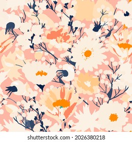 delicate pink Pattern with bright leaves and autumn flowers
