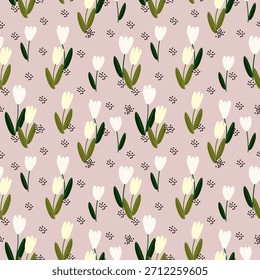 Delicate pink pattern with flowers. White and yellow tulips. Seamless pattern, vector pattern, white, yellow, green, pastel colors, bouquets, flowers, leaves, dots, spring, nature, EPS