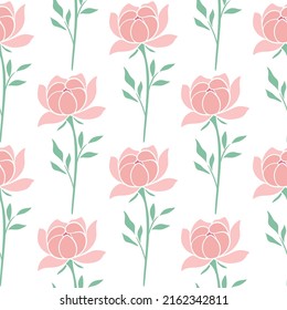 Delicate pink peonies seamless summer pattern. Background blossomed petals lush garden flower. Print natural botanical bloom decoration. Template for wallpaper, fabric and design vector