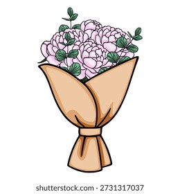 Ilustração vetorial de buquê de peônia rosa delicada, envolvida em papel marrom macio