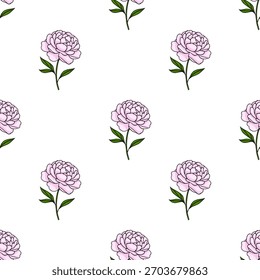 Delicado patrón de Vector floral de peonía rosa con hojas verdes sobre un fondo blanco, adecuado para la repetición sin fisuras.