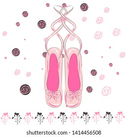 Delicate pink pointe shoes with pink ribbons for ballet dancing.