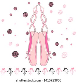 Delicate pink pointe shoes with pink ribbons for ballet dancing.
