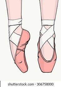 Delicate pink pointe shoes with white ribbons for ballet dancing. Vector illustration isolated on white background.