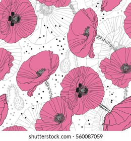 Delicate pink poppies Seamless pattern Blossom flowers