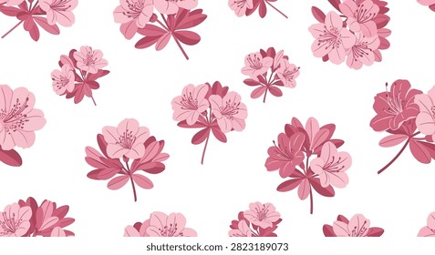 Delicate pink rhododendron flowers pattern, watercolor style, on white background