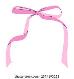 Delicate pink ribbon achieves soft and elegant look with flowing ends tied in neat bow. Suitable for decoration or gift wrapping. Hand drawn flat design vector illustration.