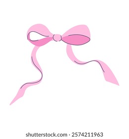 Delicate pink ribbon achieves soft and elegant look with flowing ends tied in neat bow. Suitable for decoration or gift wrapping. Hand drawn flat design vector illustration.