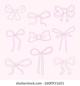 Delicate Pink Ribbon Bow Sketches. A collection of hand-drawn pink ribbon bow sketches with an elegant and feminine aesthetic. Perfect for wedding decor, invitations, and romantic-themed designs.