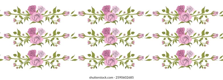 Delicate pink rose horizontal border. Minimalist pink roses blossom with buds and leaves. Elegant botanical design for frames, postcards, garden and flower shop. Vector flat illustration.