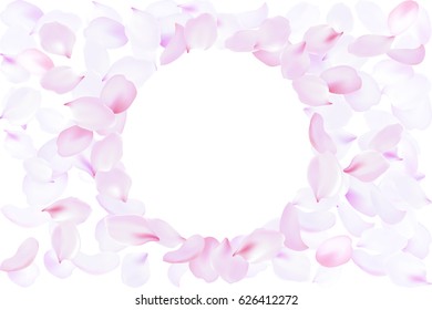 Delicate pink rose petal frame round circle. Background flower template vector illustration. Realistic 3d detailed blossom art