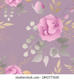 Rosa rosa rosa delgado con hojas de árbol de plata. Patrón sin foco. Ilustración vectorial.