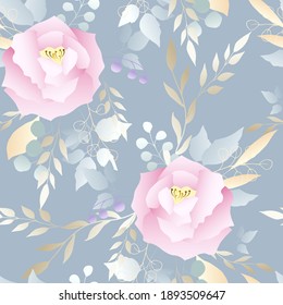 Delicate pink rose with silver dollar tree leaves. Seamless pattern. Vector illustration.