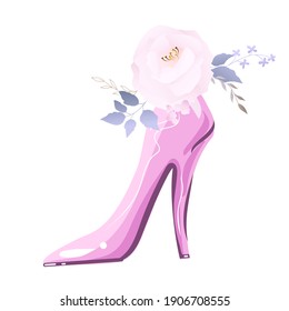 Delicate pink rose, women's shoe. Vector illustration.