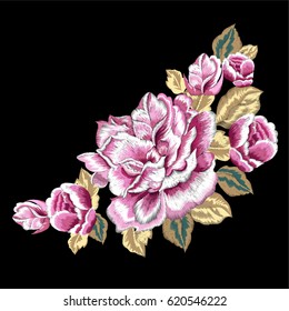 Delicate pink roses and buds on a black background. Traditional embroidery.