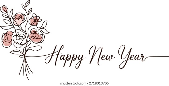 Delicadas rosas y hojas rosadas en línea continua con la tarjeta de felicitación de texto Feliz Año Nuevo.