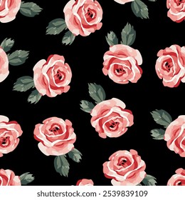 Delicate pink roses on a black background create a timeless floral seamless pattern for elegant decor