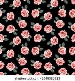 Delicate pink roses on a black background create a timeless floral seamless pattern for elegant decor