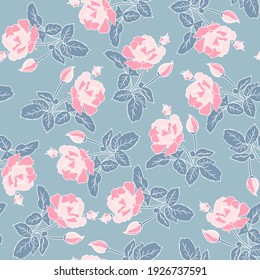 Delicate pink roses seamless pattern. Hand drawn flat silhouettes with white outline gray background. Rich floral ornament of lush inflorescence scrapbooking wrapping paper. Stock vector illustration.