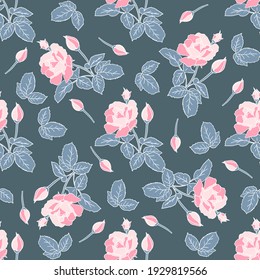 Delicate pink roses seamless pattern. Hand drawn flat silhouettes with white outline gray background. Rich floral ornament of lush inflorescence scrapbooking wrapping paper. Stock vector illustration.