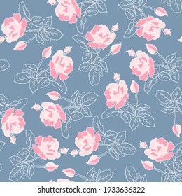 Delicate pink roses seamless pattern. Hand drawn flat silhouettes with white outline gray background. Rich floral ornament of lush inflorescence scrapbooking wrapping paper. Stock vector illustration.