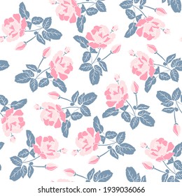 Delicate pink roses seamless pattern. Hand drawn flat silhouettes on white background. Rich floral ornament of lush inflorescence scrapbooking wrapping paper. Stock vector illustration.