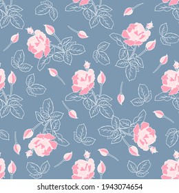 Delicado patrón sin fisuras de rosas rosadas. Siluetas planas dibujadas a mano con fondo gris de contorno blanco. Ricos adornos florales de papel de envolvimiento de raspado de floración exuberante. Ilustración vectorial de material.