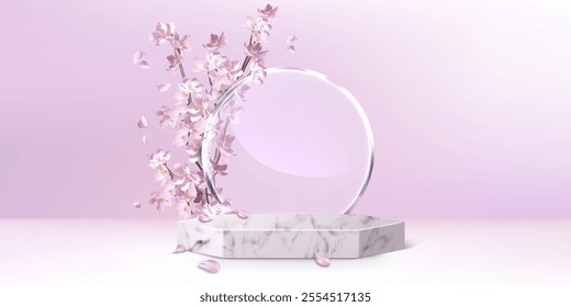 Delicate pink sakura blossoms on branch and flying petals, minimalist marble hexagonal podium and glass decorative circle in pastel studio room interior. platform with flowers for goods showcase.