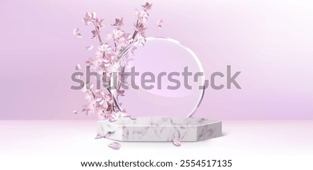 Delicate pink sakura blossoms on branch and flying petals, minimalist marble hexagonal podium and glass decorative circle in pastel studio room interior. platform with flowers for goods showcase.