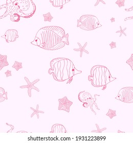 Delicate pink seamless pattern with fishes and octopuses.