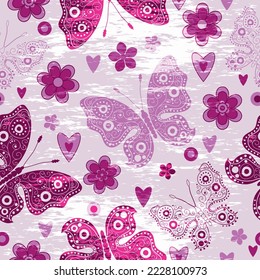 Frische rosa Muster im Grunge-Stil mit Schmetterlingen, Blumen und Herzen. Valentin. Vektorbild