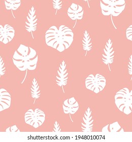 Delicate pink seamless pattern with white tropical leaves. Vector pattern for fabrics, women's and children's clothing, for wrappers and packages, wallpaper, pastelgo linen and textiles