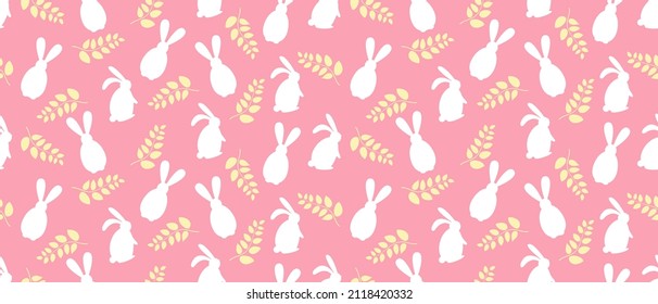 Delicate pink seamless pattern with white rabbits and yellow leaves. Easter horizontal rectangular pattern in a flat minimalistic style.