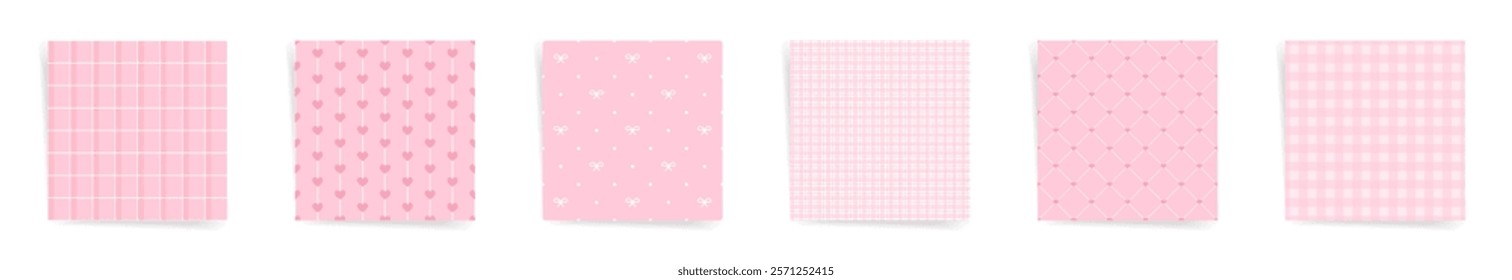 Delicate Pink Seamless Patterns with Grids, Hearts, Bows, and Gingham Designs